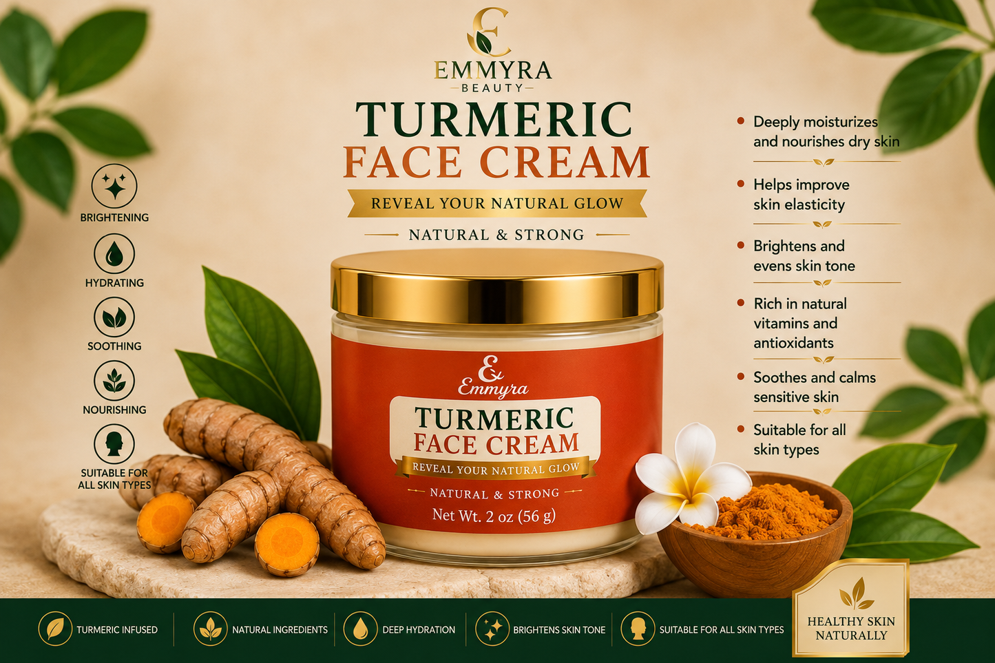 Emmyra Natural Turmeric Face Cream / Natural Glow Moisturizer - 2 oz
