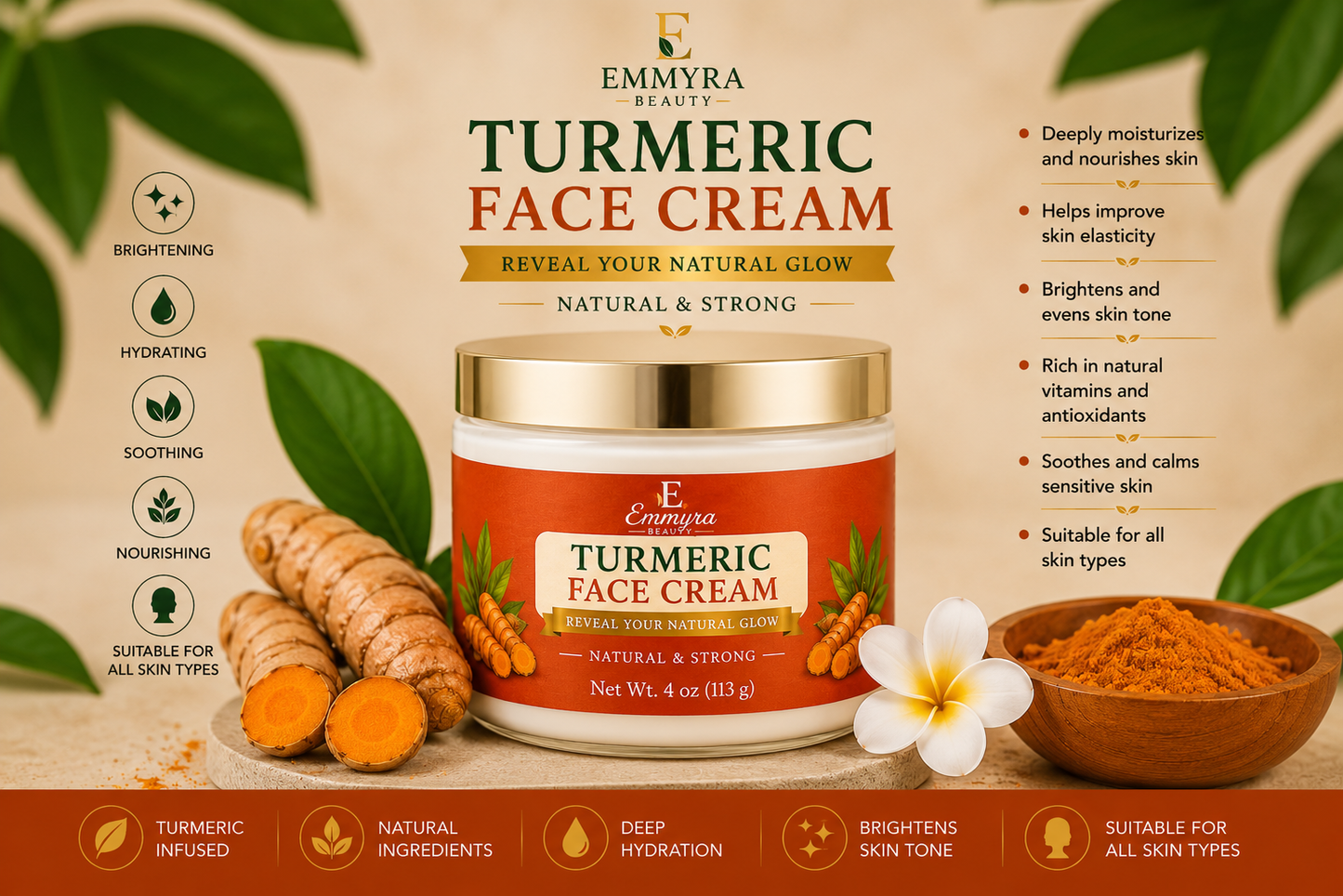 Emmyra Turmeric Face Cream / Natural Glow Moisturizer - 4oz