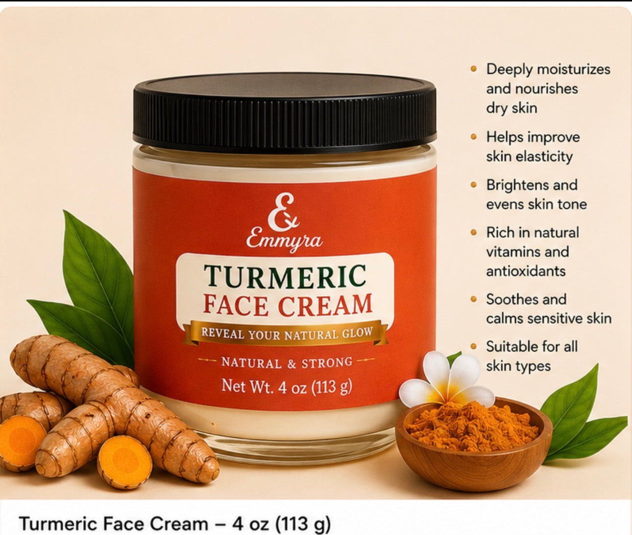 Emmyra Natural Turmeric Face Cream / Natural Glow Moisturizer - 4oz