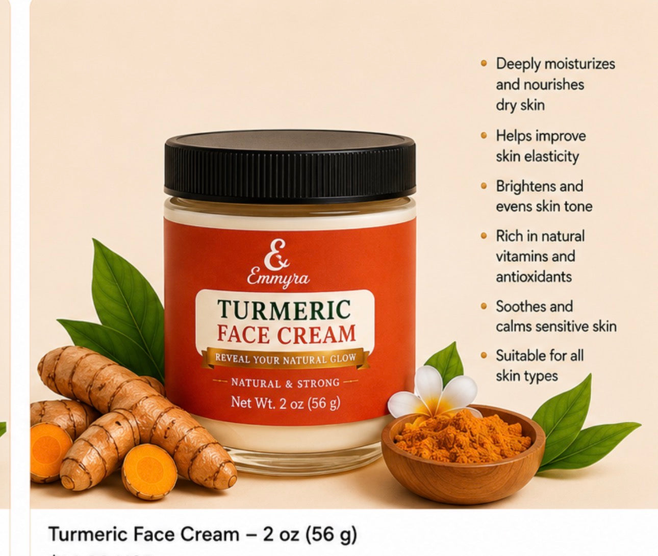 Emmyra Natural Turmeric Face Cream / Natural Glow Moisturizer - 2 oz